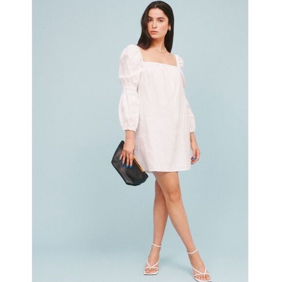 Reformation 100% Linen Winter White Long Sleeve Jerri Linen Dress Mini Small - Picture 1 of 11